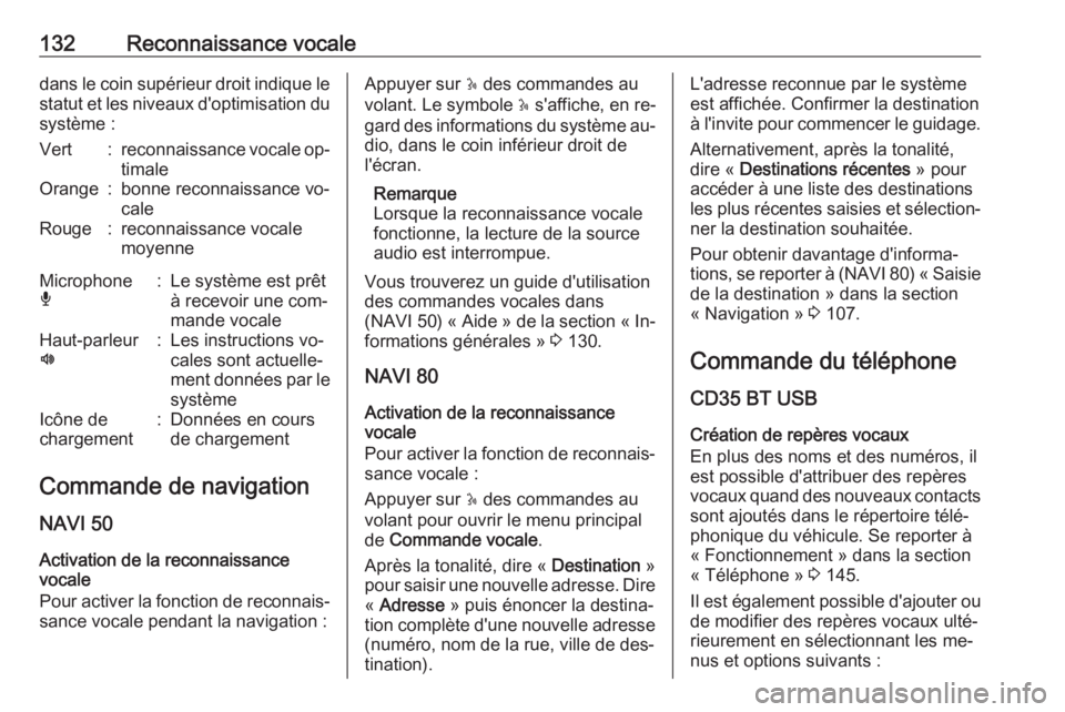 OPEL MOVANO_B 2016  Manuel multimédia (in French) 132Reconnaissance vocaledans le coin supérieur droit indique le
statut et les niveaux d'optimisation du système :Vert:reconnaissance vocale op‐
timaleOrange:bonne reconnaissance vo‐
caleRoug