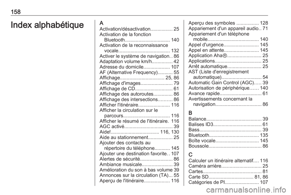 OPEL MOVANO_B 2016  Manuel multimédia (in French) 158Index alphabétiqueAActivation/désactivation ................25
Activation de la fonction Bluetooth ................................. 140
Activation de la reconnaissance vocale ...................