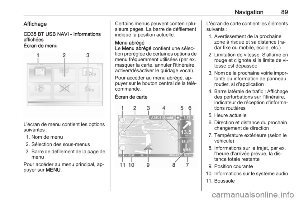 OPEL MOVANO_B 2016  Manuel multimédia (in French) Navigation89AffichageCD35 BT USB NAVI - Informations
affichéesÉcran de menu
L'écran de menu contient les options
suivantes :
1. Nom de menu
2. Sélection des sous-menus
3. Barre de défilement 