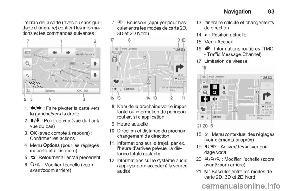 OPEL MOVANO_B 2016  Manuel multimédia (in French) Navigation93L'écran de la carte (avec ou sans gui‐
dage d'itinéraire) contient les informa‐
tions et les commandes suivantes :
1. ä/å  : Faire pivoter la carte vers
la gauche/vers la d