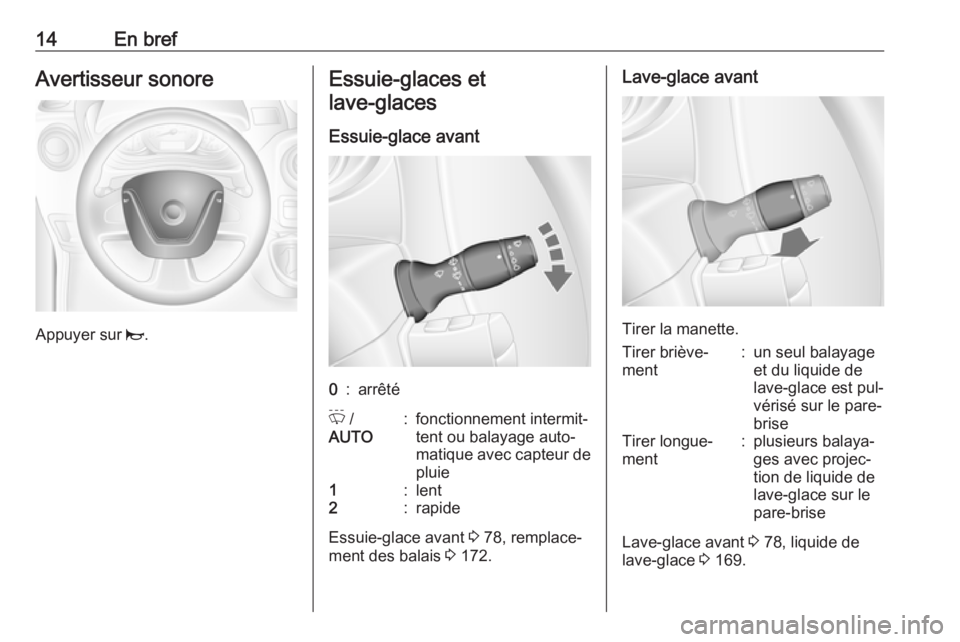 OPEL MOVANO_B 2016 Manuel dutilisation (in French) 14En brefAvertisseur sonore
Appuyer sur j.
Essuie-glaces et
lave-glaces
Essuie-glace avant0:arrêtéP /
AUTO:fonctionnement intermit‐
tent ou balayage auto‐
matique avec capteur de pluie1:lent2: OPEL MOVANO_B 2016 Manuel dutilisation (in French) 14En brefAvertisseur sonore
Appuyer sur j.
Essuie-glaces et
lave-glaces
Essuie-glace avant0:arrêtéP /
AUTO:fonctionnement intermit‐
tent ou balayage auto‐
matique avec capteur de pluie1:lent2: