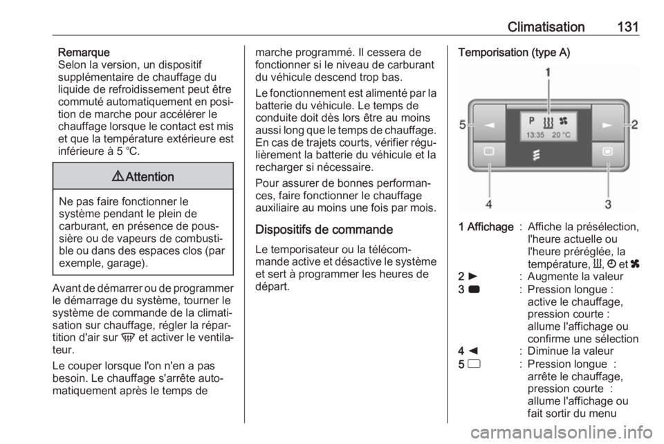 OPEL MOVANO_B 2017.5  Manuel dutilisation (in French) Climatisation131Remarque
Selon la version, un dispositif
supplémentaire de chauffage du liquide de refroidissement peut être
commuté automatiquement en posi‐
tion de marche pour accélérer le
ch