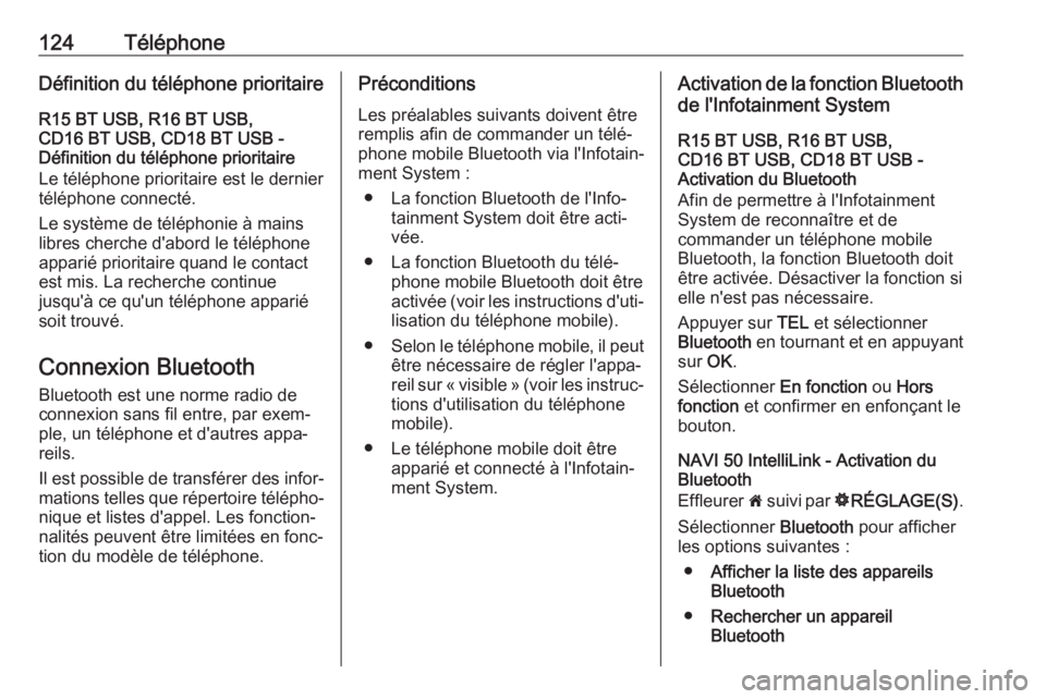 OPEL VIVARO B 2018  Manuel multimédia (in French) 124TéléphoneDéfinition du téléphone prioritaireR15 BT USB, R16 BT USB,
CD16 BT USB, CD18 BT USB -
Définition du téléphone prioritaire
Le téléphone prioritaire est le dernier
téléphone conn