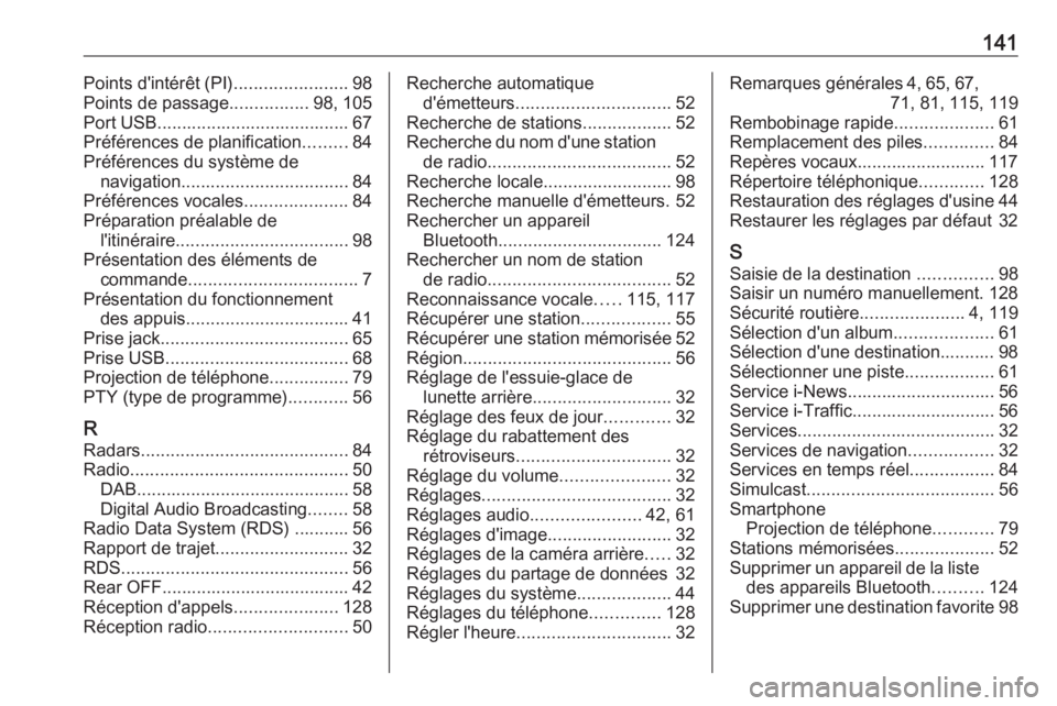 OPEL VIVARO B 2018  Manuel multimédia (in French) 141Points d'intérêt (PI).......................98
Points de passage ................98, 105
Port USB....................................... 67 Préférences de planification .........84
Préfér