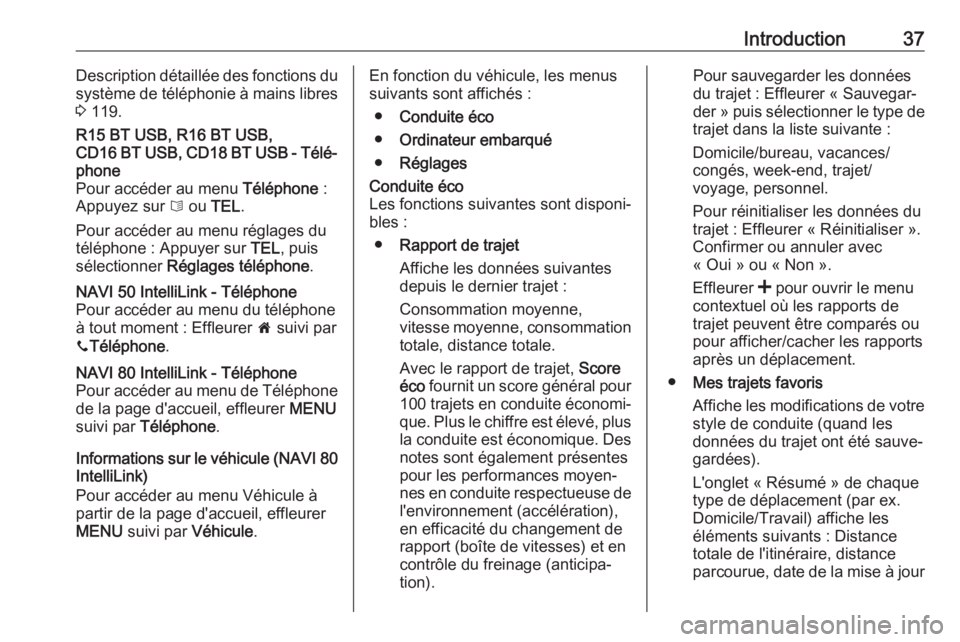OPEL VIVARO B 2018  Manuel multimédia (in French) Introduction37Description détaillée des fonctions du
système de téléphonie à mains libres
3  119.R15 BT USB, R16 BT USB,
CD16 BT USB, CD18 BT USB - Télé‐ phone
Pour accéder au menu  Télép