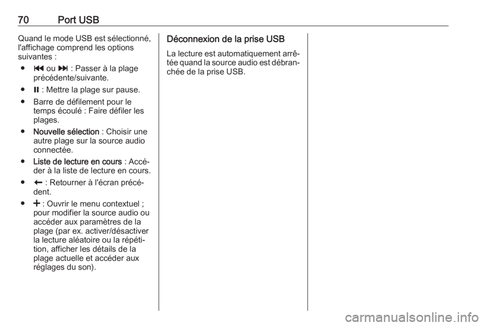 OPEL VIVARO B 2018  Manuel multimédia (in French) 70Port USBQuand le mode USB est sélectionné,
l'affichage comprend les options
suivantes :
● t ou  v : Passer à la plage
précédente/suivante.
● = : Mettre la plage sur pause.
● Barre de 