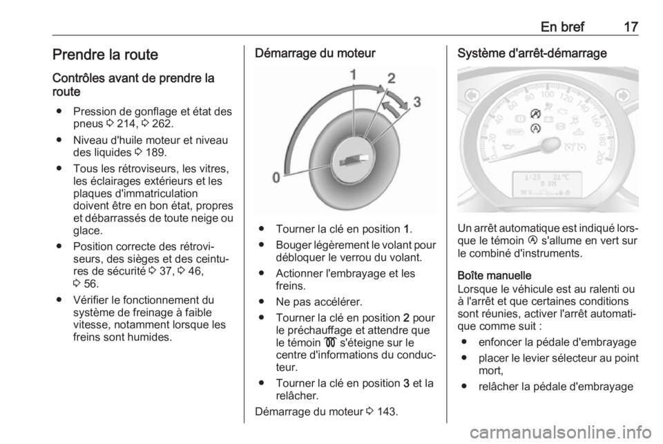 OPEL MOVANO_B 2018  Manuel dutilisation (in French) En bref17Prendre la route
Contrôles avant de prendre la
route
● Pression de gonflage et état des pneus  3 214,  3 262.
● Niveau d'huile moteur et niveau des liquides  3 189.
● Tous les ré