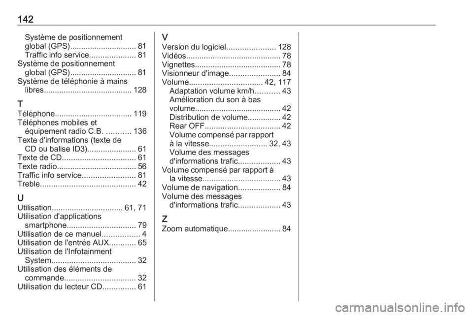 OPEL MOVANO_B 2018.5  Manuel multimédia (in French) 142Système de positionnement
global (GPS).............................. 81
Traffic info service .....................81
Système de positionnement global (GPS).............................. 81
Systè