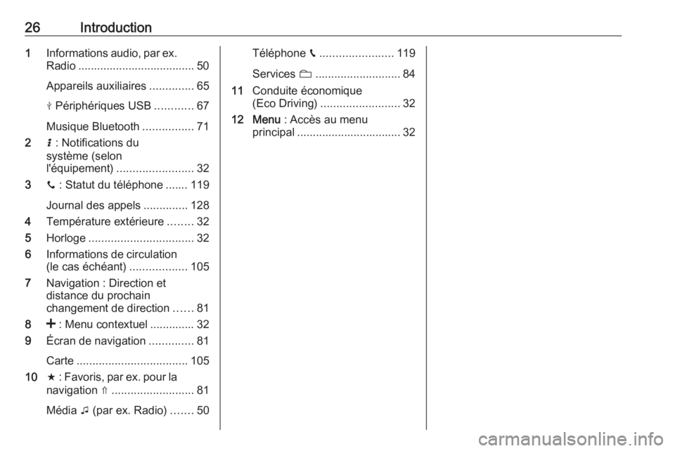 OPEL MOVANO_B 2018.5  Manuel multimédia (in French) 26Introduction1Informations audio, par ex.
Radio ..................................... 50
Appareils auxiliaires ..............65
M  Périphériques USB ............67
Musique Bluetooth ...............