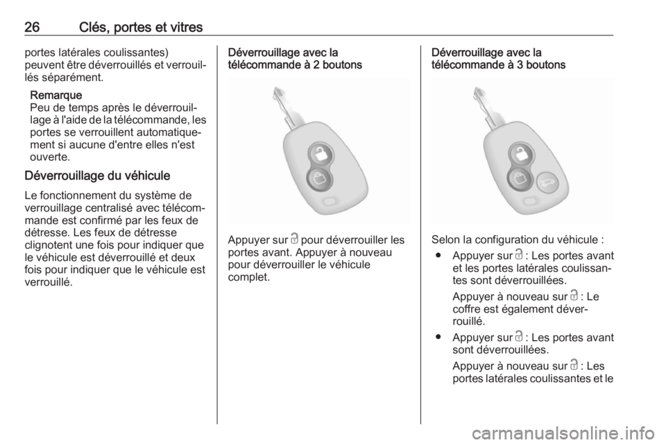 OPEL MOVANO_B 2018.5  Manuel dutilisation (in French) 26Clés, portes et vitresportes latérales coulissantes)
peuvent être déverrouillés et verrouil‐
lés séparément.
Remarque
Peu de temps après le déverrouil‐
lage à l'aide de la téléc