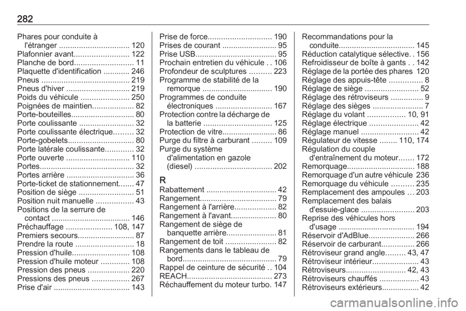 OPEL MOVANO_B 2018.5  Manuel dutilisation (in French) 282Phares pour conduite àl'étranger  ................................ 120
Plafonnier avant ......................... 122
Planche de bord ........................... 11
Plaquette d'identifica