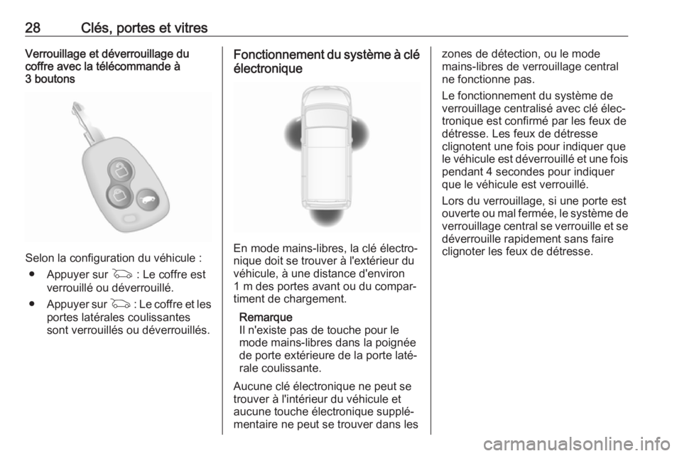 OPEL MOVANO_B 2018.5  Manuel dutilisation (in French) 28Clés, portes et vitresVerrouillage et déverrouillage du
coffre avec la télécommande à
3 boutons
Selon la configuration du véhicule :
● Appuyer sur  G : Le coffre est
verrouillé ou déverrou