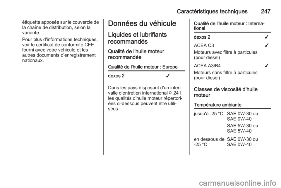 OPEL MOVANO_B 2019 Manuel dutilisation (in French) Caractéristiques techniques247étiquette apposée sur le couvercle de
la chaîne de distribution, selon la
variante.
Pour plus d'informations techniques,
voir le certificat de conformité CEE fou OPEL MOVANO_B 2019 Manuel dutilisation (in French) Caractéristiques techniques247étiquette apposée sur le couvercle de
la chaîne de distribution, selon la
variante.
Pour plus d'informations techniques,
voir le certificat de conformité CEE fou