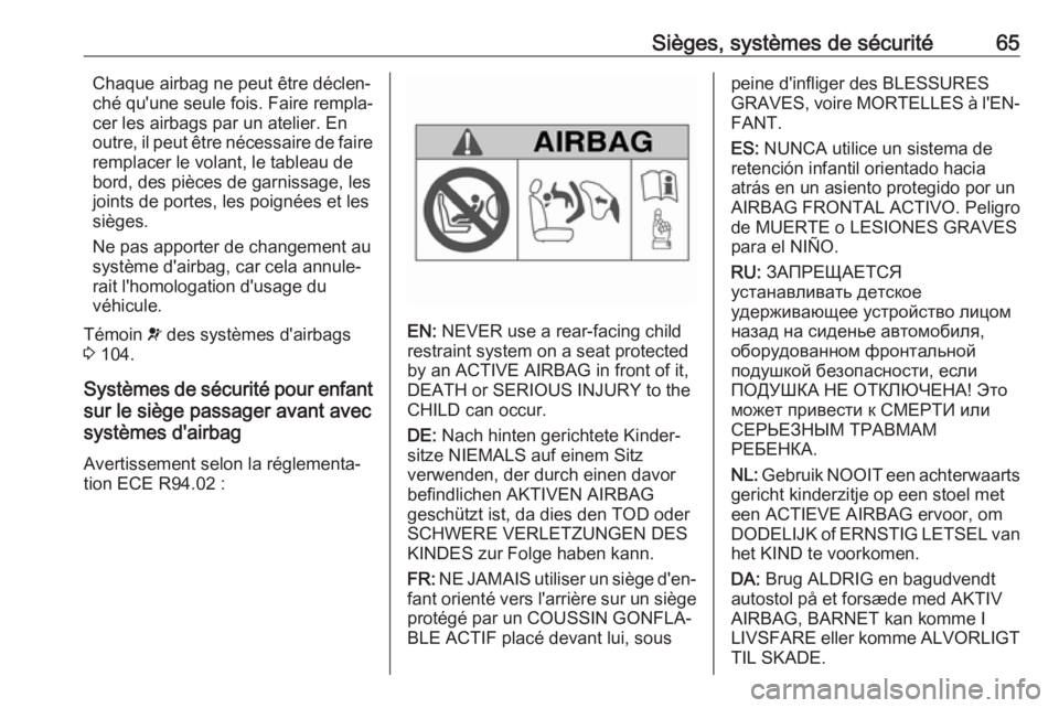 OPEL MOVANO_B 2019 Manuel dutilisation (in French) Sièges, systèmes de sécurité65Chaque airbag ne peut être déclen‐
ché qu'une seule fois. Faire rempla‐
cer les airbags par un atelier. En
outre, il peut être nécessaire de faire
rempla OPEL MOVANO_B 2019 Manuel dutilisation (in French) Sièges, systèmes de sécurité65Chaque airbag ne peut être déclen‐
ché qu'une seule fois. Faire rempla‐
cer les airbags par un atelier. En
outre, il peut être nécessaire de faire
rempla