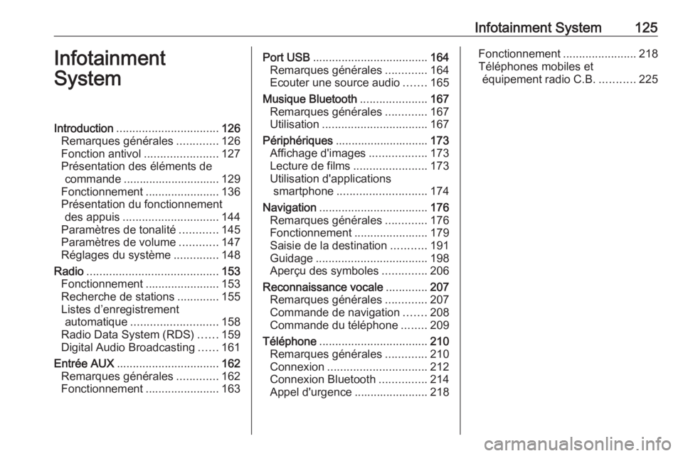 OPEL MOVANO_B 2020  Manuel dutilisation (in French) Infotainment System125Infotainment
SystemIntroduction ................................ 126
Remarques générales .............126
Fonction antivol .......................127
Présentation des élémen