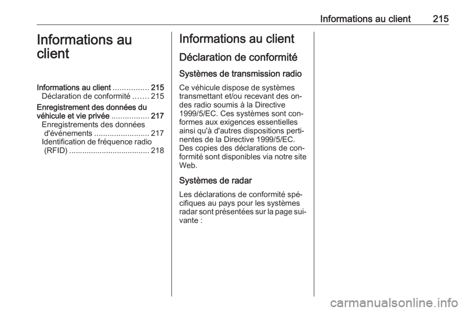 OPEL VIVARO B 2016 Manuel dutilisation (in French) Informations au client215Informations au
clientInformations au client ................215
Déclaration de conformité .......215
Enregistrement des données du
véhicule et vie privée ............... OPEL VIVARO B 2016 Manuel dutilisation (in French) Informations au client215Informations au
clientInformations au client ................215
Déclaration de conformité .......215
Enregistrement des données du
véhicule et vie privée ...............