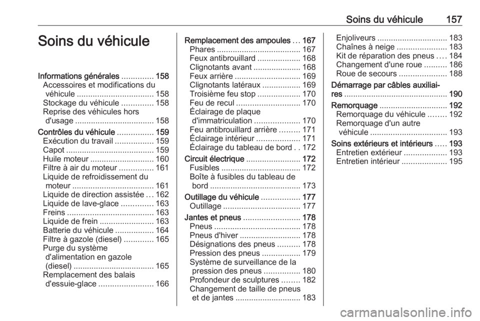 OPEL VIVARO B 2016.5 Manuel dutilisation (in French) Soins du véhicule157Soins du véhiculeInformations générales..............158
Accessoires et modifications du véhicule .................................. 158
Stockage du véhicule ..............15 OPEL VIVARO B 2016.5 Manuel dutilisation (in French) Soins du véhicule157Soins du véhiculeInformations générales..............158
Accessoires et modifications du véhicule .................................. 158
Stockage du véhicule ..............15
