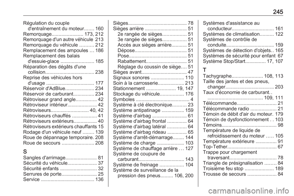OPEL VIVARO B 2017.5  Manuel dutilisation (in French) 245Régulation du coupled'entraînement du moteur .......160
Remorquage ....................... 173, 212
Remorquage d'un autre véhicule  213
Remorquage du véhicule  ..........212
Remplacemen