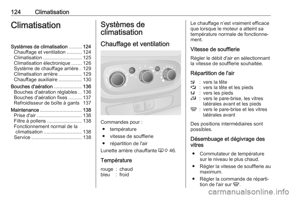 OPEL VIVARO B 2018  Manuel dutilisation (in French) 124ClimatisationClimatisationSystèmes de climatisation.........124
Chauffage et ventilation ...........124
Climatisation ............................ 125
Climatisation électronique .......126
Systè