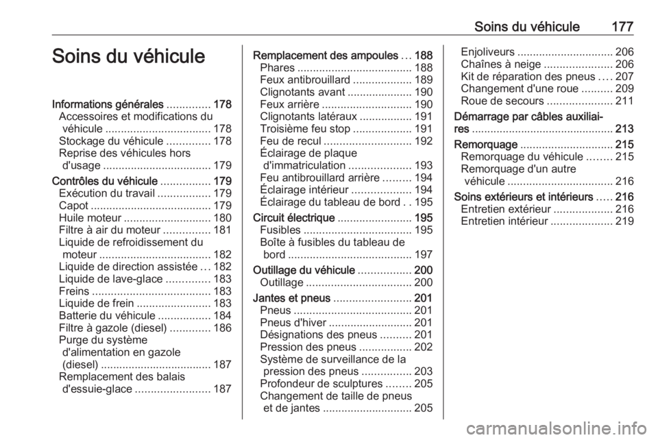 OPEL VIVARO B 2018  Manuel dutilisation (in French) Soins du véhicule177Soins du véhiculeInformations générales..............178
Accessoires et modifications du véhicule .................................. 178
Stockage du véhicule ..............17