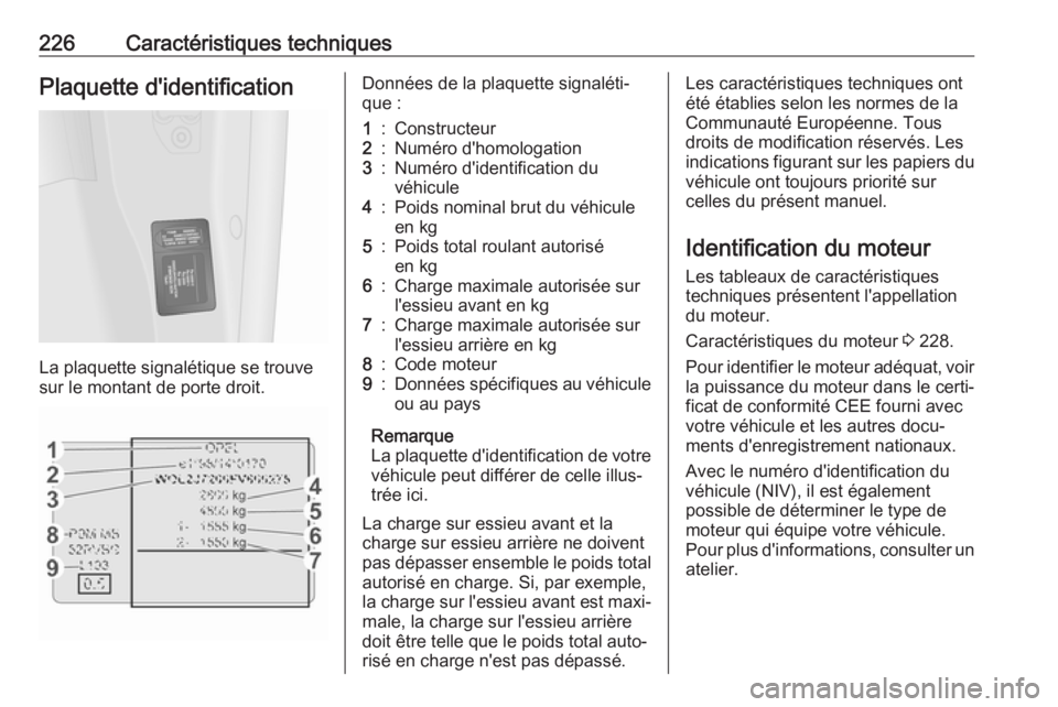 OPEL VIVARO B 2018 Manuel dutilisation (in French) 226Caractéristiques techniquesPlaquette d'identification
La plaquette signalétique se trouve
sur le montant de porte droit.
Données de la plaquette signaléti‐
que :1:Constructeur2:Numéro d& OPEL VIVARO B 2018 Manuel dutilisation (in French) 226Caractéristiques techniquesPlaquette d'identification
La plaquette signalétique se trouve
sur le montant de porte droit.
Données de la plaquette signaléti‐
que :1:Constructeur2:Numéro d&