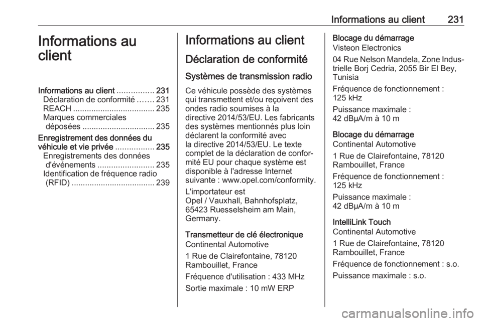 OPEL VIVARO B 2019 Manuel dutilisation (in French) Informations au client231Informations au
clientInformations au client ................231
Déclaration de conformité .......231
REACH .................................... 235
Marques commerciales dé OPEL VIVARO B 2019 Manuel dutilisation (in French) Informations au client231Informations au
clientInformations au client ................231
Déclaration de conformité .......231
REACH .................................... 235
Marques commerciales dé