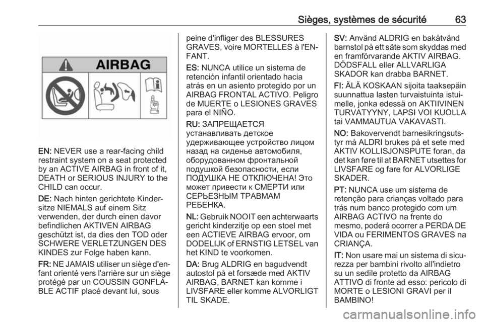 OPEL VIVARO B 2019  Manuel dutilisation (in French) Sièges, systèmes de sécurité63
EN: NEVER use a rear-facing child
restraint system on a seat protected
by an ACTIVE AIRBAG in front of it,
DEATH or SERIOUS INJURY to the
CHILD can occur.
DE:  Nach 