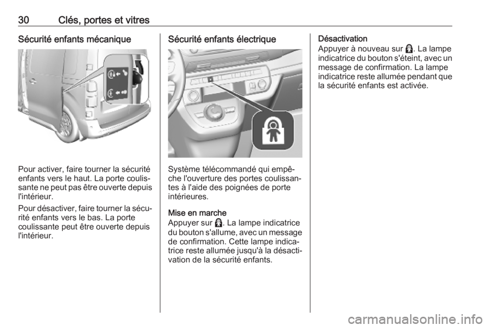 OPEL VIVARO C 2020 Manuel dutilisation (in French) 30Clés, portes et vitresSécurité enfants mécanique
Pour activer, faire tourner la sécurité
enfants vers le haut. La porte coulis‐
sante ne peut pas être ouverte depuis l'intérieur.
Pour OPEL VIVARO C 2020 Manuel dutilisation (in French) 30Clés, portes et vitresSécurité enfants mécanique
Pour activer, faire tourner la sécurité
enfants vers le haut. La porte coulis‐
sante ne peut pas être ouverte depuis l'intérieur.
Pour