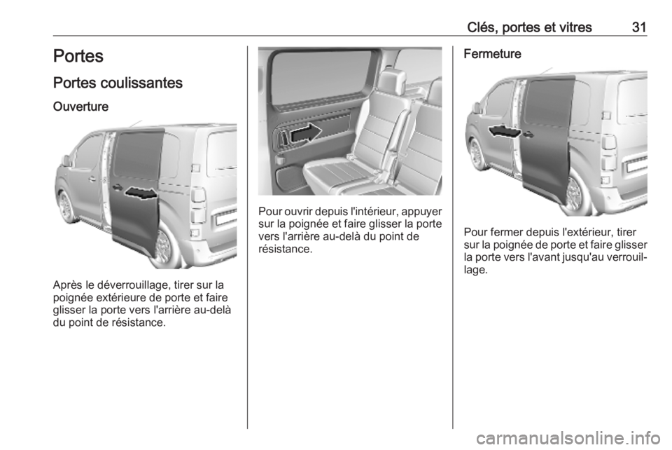 OPEL VIVARO C 2020 Manuel dutilisation (in French) Clés, portes et vitres31Portes
Portes coulissantes
Ouverture
Après le déverrouillage, tirer sur la
poignée extérieure de porte et faire
glisser la porte vers l'arrière au-delà
du point de r OPEL VIVARO C 2020 Manuel dutilisation (in French) Clés, portes et vitres31Portes
Portes coulissantes
Ouverture
Après le déverrouillage, tirer sur la
poignée extérieure de porte et faire
glisser la porte vers l'arrière au-delà
du point de r