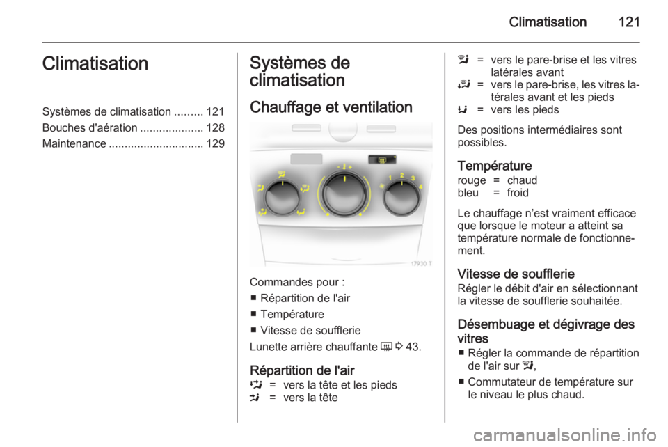 OPEL ZAFIRA B 2014  Manuel dutilisation (in French) Climatisation121ClimatisationSystèmes de climatisation.........121
Bouches d'aération ....................128
Maintenance .............................. 129Systèmes de
climatisation
Chauffage e