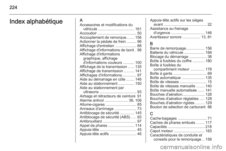 OPEL ZAFIRA B 2014 Manuel dutilisation (in French) 224Index alphabétiqueAAccessoires et modifications du véhicule .................................. 161
Accoudoir ..................................... 50 Accouplement de remorque .......156
Actionne OPEL ZAFIRA B 2014 Manuel dutilisation (in French) 224Index alphabétiqueAAccessoires et modifications du véhicule .................................. 161
Accoudoir ..................................... 50 Accouplement de remorque .......156
Actionne