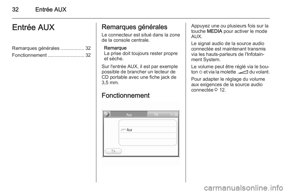 OPEL ZAFIRA B 2014.5  Manuel multimédia (in French) 32Entrée AUXEntrée AUXRemarques générales.................32
Fonctionnement ........................... 32Remarques générales
Le connecteur est situé dans la zone
de la console centrale.
Remarq