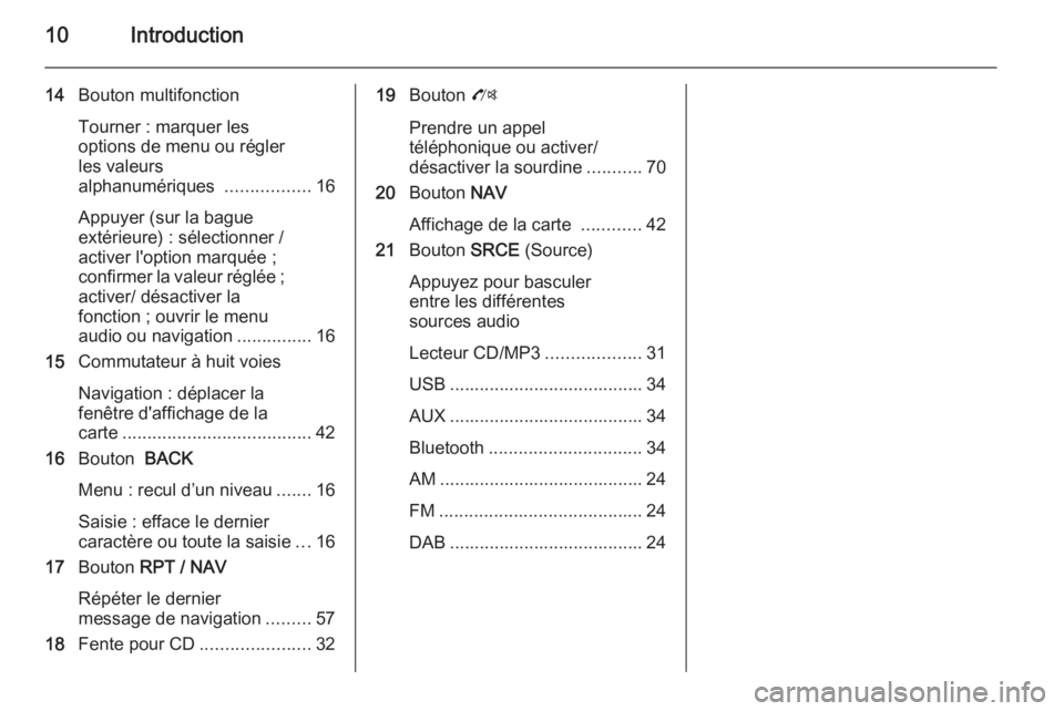 OPEL ZAFIRA C 2014.5  Manuel multimédia (in French) 10Introduction
14Bouton multifonction
Tourner : marquer les
options de menu ou régler
les valeurs
alphanumériques  .................16
Appuyer (sur la bague
extérieure) : sélectionner /
activer l&