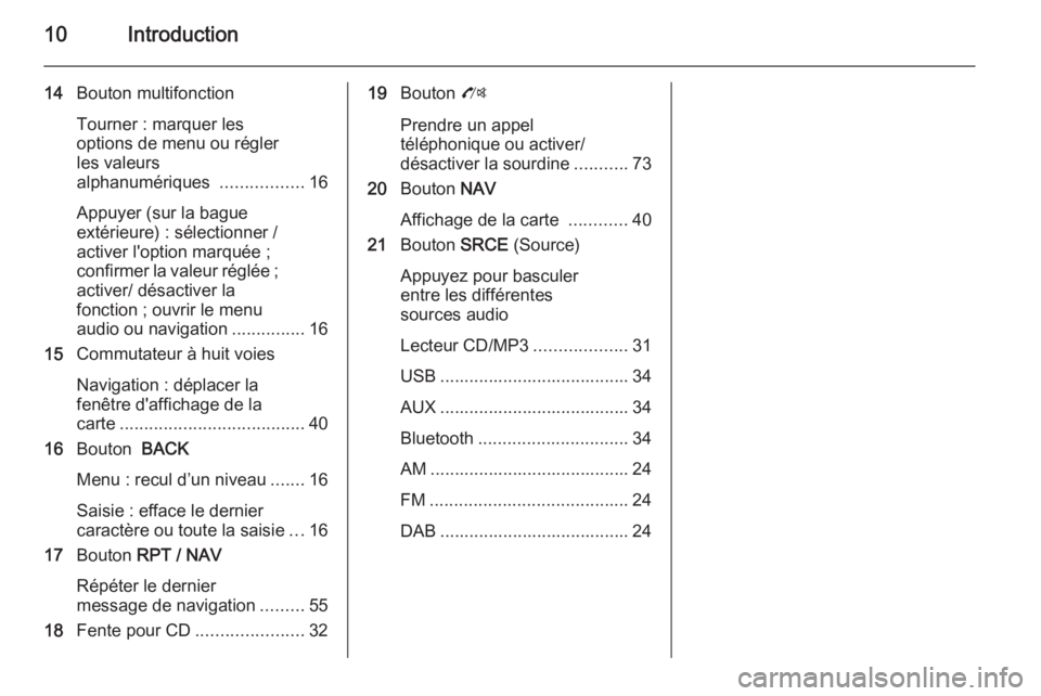 OPEL ZAFIRA C 2015  Manuel multimédia (in French) 10Introduction
14Bouton multifonction
Tourner : marquer les
options de menu ou régler
les valeurs
alphanumériques  .................16
Appuyer (sur la bague
extérieure) : sélectionner /
activer l&
