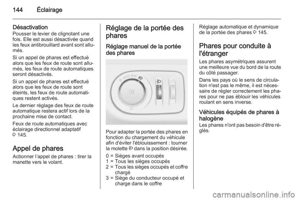 OPEL ZAFIRA C 2015 Manuel dutilisation (in French) 144Éclairage
Désactivation
Pousser le levier de clignotant une
fois. Elle est aussi désactivée quand
les feux antibrouillard avant sont allu‐
més.
Si un appel de phares est effectué
alors que OPEL ZAFIRA C 2015 Manuel dutilisation (in French) 144Éclairage
Désactivation
Pousser le levier de clignotant une
fois. Elle est aussi désactivée quand
les feux antibrouillard avant sont allu‐
més.
Si un appel de phares est effectué
alors que