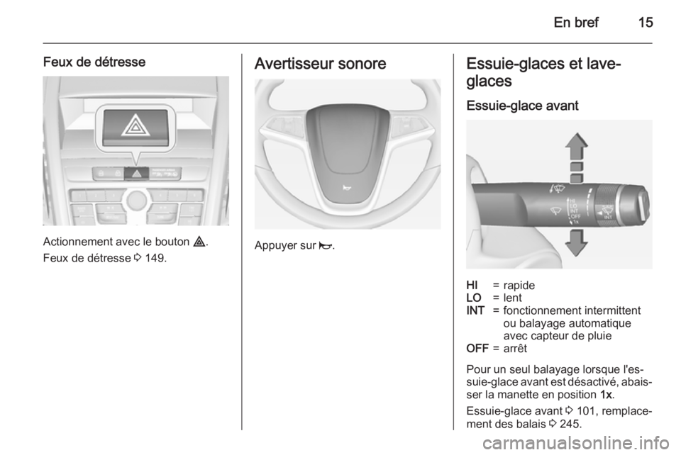 OPEL ZAFIRA C 2015 Manuel dutilisation (in French) En bref15
Feux de détresse
Actionnement avec le bouton ¨.
Feux de détresse 3 149.
Avertisseur sonore
Appuyer sur j.
Essuie-glaces et lave-
glaces
Essuie-glace avantHI=rapideLO=lentINT=fonctionnem OPEL ZAFIRA C 2015 Manuel dutilisation (in French) En bref15
Feux de détresse
Actionnement avec le bouton ¨.
Feux de détresse 3 149.
Avertisseur sonore
Appuyer sur j.
Essuie-glaces et lave-
glaces
Essuie-glace avantHI=rapideLO=lentINT=fonctionnem