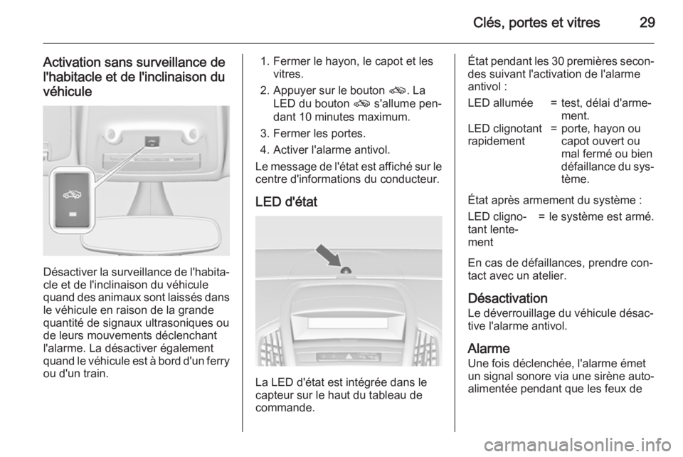OPEL ZAFIRA C 2015 Manuel dutilisation (in French) Clés, portes et vitres29
Activation sans surveillance de
l'habitacle et de l'inclinaison du
véhicule
Désactiver la surveillance de l'habita‐ cle et de l'inclinaison du véhicule
q OPEL ZAFIRA C 2015 Manuel dutilisation (in French) Clés, portes et vitres29
Activation sans surveillance de
l'habitacle et de l'inclinaison du
véhicule
Désactiver la surveillance de l'habita‐ cle et de l'inclinaison du véhicule
q