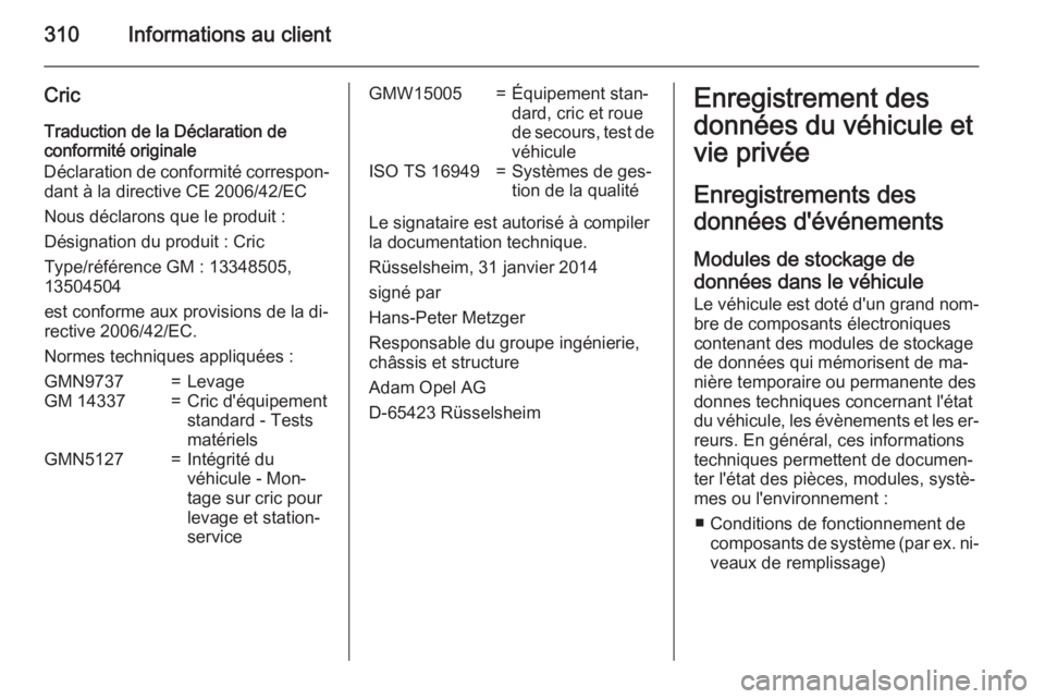 OPEL ZAFIRA C 2015 Manuel dutilisation (in French) 310Informations au client
CricTraduction de la Déclaration de
conformité originale
Déclaration de conformité correspon‐ dant à la directive CE 2006/42/EC
Nous déclarons que le produit :
Désig OPEL ZAFIRA C 2015 Manuel dutilisation (in French) 310Informations au client
CricTraduction de la Déclaration de
conformité originale
Déclaration de conformité correspon‐ dant à la directive CE 2006/42/EC
Nous déclarons que le produit :
Désig