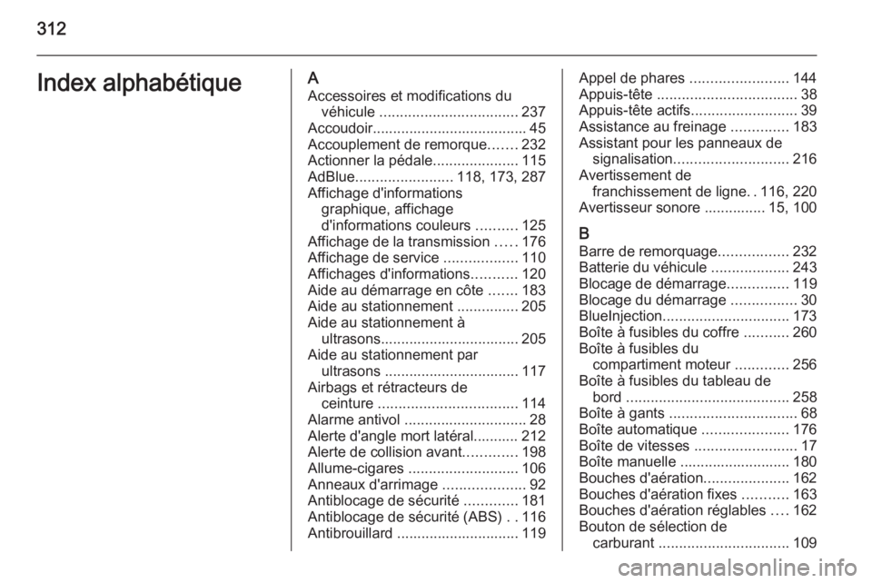 OPEL ZAFIRA C 2015  Manuel dutilisation (in French) 312Index alphabétiqueAAccessoires et modifications du véhicule  .................................. 237
Accoudoir...................................... 45
Accouplement de remorque .......232
Actionne