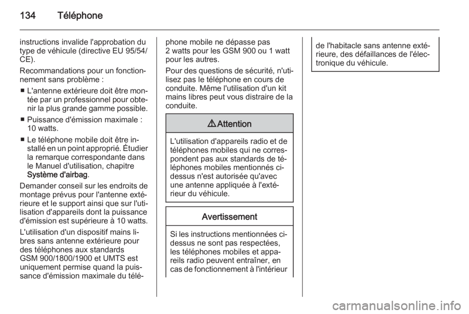 OPEL ZAFIRA C 2015.5 Manuel multimédia (in French) 134Téléphone
instructions invalide l'approbation du
type de véhicule (directive EU 95/54/ CE).
Recommandations pour un fonction‐
nement sans problème :
■ L'antenne extérieure doit êt OPEL ZAFIRA C 2015.5 Manuel multimédia (in French) 134Téléphone
instructions invalide l'approbation du
type de véhicule (directive EU 95/54/ CE).
Recommandations pour un fonction‐
nement sans problème :
■ L'antenne extérieure doit êt