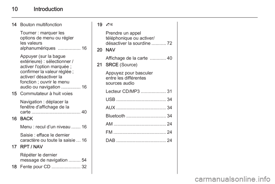OPEL ZAFIRA C 2015.5  Manuel multimédia (in French) 10Introduction
14Bouton multifonction
Tourner : marquer les
options de menu ou régler
les valeurs
alphanumériques  .................16
Appuyer (sur la bague
extérieure) : sélectionner /
activer l&