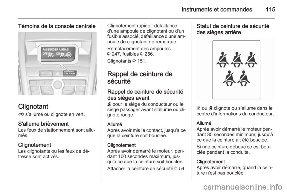 OPEL ZAFIRA C 2015.5  Manuel dutilisation (in French) Instruments et commandes115
Témoins de la console centrale
Clignotant
O  s’allume ou clignote en vert.
S'allume brièvement Les feux de stationnement sont allu‐
més.
Clignotement
Les clignot
