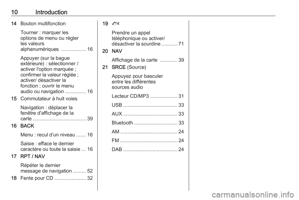 OPEL ZAFIRA C 2016  Manuel multimédia (in French) 10Introduction14Bouton multifonction
Tourner : marquer les
options de menu ou régler
les valeurs
alphanumériques  .................16
Appuyer (sur la bague
extérieure) : sélectionner /
activer l&#