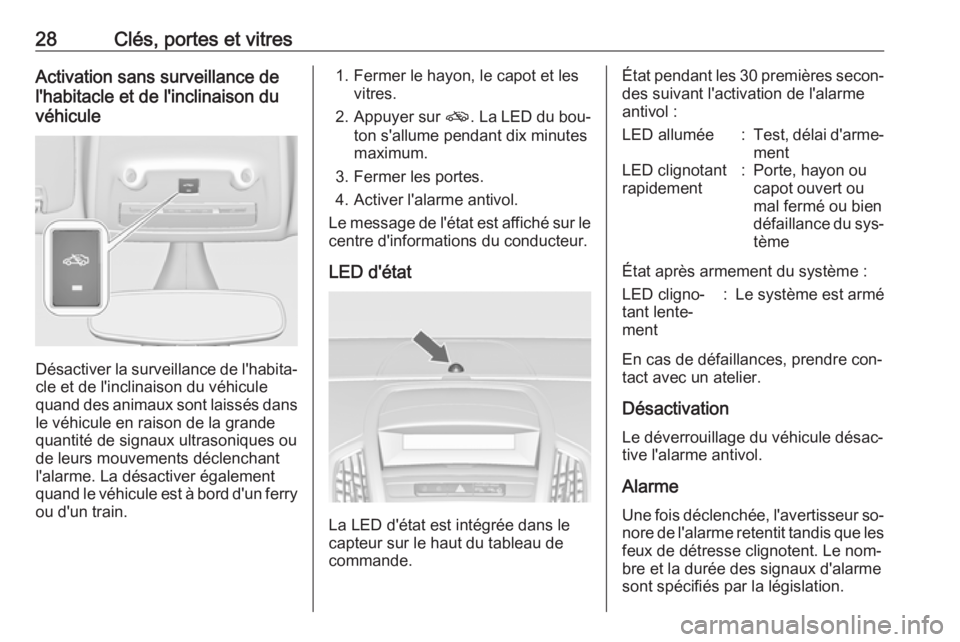 OPEL ZAFIRA C 2016.5 Manuel dutilisation (in French) 28Clés, portes et vitresActivation sans surveillance de
l'habitacle et de l'inclinaison du
véhicule
Désactiver la surveillance de l'habita‐ cle et de l'inclinaison du véhicule
qu OPEL ZAFIRA C 2016.5 Manuel dutilisation (in French) 28Clés, portes et vitresActivation sans surveillance de
l'habitacle et de l'inclinaison du
véhicule
Désactiver la surveillance de l'habita‐ cle et de l'inclinaison du véhicule
qu