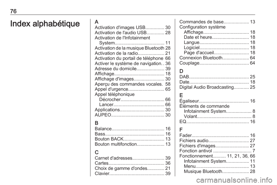OPEL ZAFIRA C 2017  Manuel multimédia (in French) 76Index alphabétiqueAActivation d'images USB ..............30
Activation de l'audio USB .............28
Activation de l'Infotainment System ...................................... 11
Activ