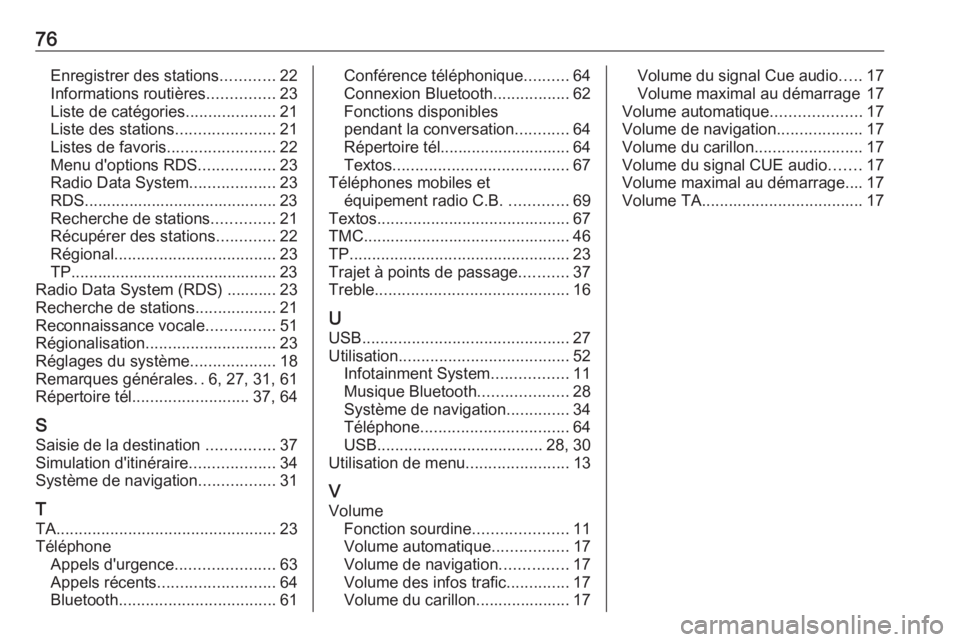 OPEL ZAFIRA C 2017.5  Manuel multimédia (in French) 76Enregistrer des stations............22
Informations routières ...............23
Liste de catégories ....................21
Liste des stations ......................21
Listes de favoris ........... OPEL ZAFIRA C 2017.5  Manuel multimédia (in French) 76Enregistrer des stations............22
Informations routières ...............23
Liste de catégories ....................21
Liste des stations ......................21
Listes de favoris ...........