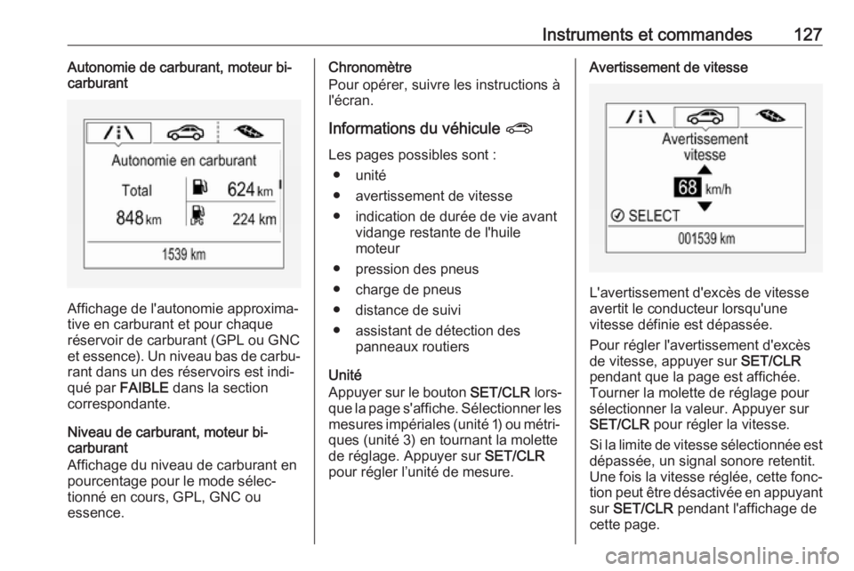 OPEL ZAFIRA C 2017.5 Manuel dutilisation (in French) Instruments et commandes127Autonomie de carburant, moteur bi-
carburant
Affichage de l'autonomie approxima‐
tive en carburant et pour chaque
réservoir de carburant (GPL ou GNC
et essence). Un n OPEL ZAFIRA C 2017.5 Manuel dutilisation (in French) Instruments et commandes127Autonomie de carburant, moteur bi-
carburant
Affichage de l'autonomie approxima‐
tive en carburant et pour chaque
réservoir de carburant (GPL ou GNC
et essence). Un n