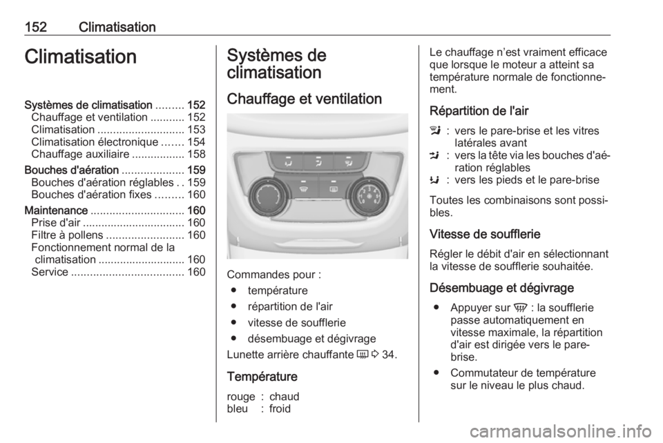 OPEL ZAFIRA C 2017.5  Manuel dutilisation (in French) 152ClimatisationClimatisationSystèmes de climatisation.........152
Chauffage et ventilation ...........152
Climatisation ............................ 153
Climatisation électronique .......154
Chauff