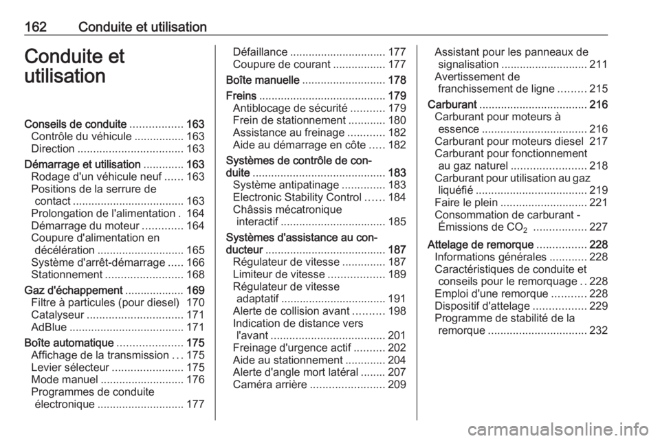 OPEL ZAFIRA C 2017.5 Manuel dutilisation (in French) 162Conduite et utilisationConduite etutilisationConseils de conduite .................163
Contrôle du véhicule ................163
Direction .................................. 163
Démarrage et util OPEL ZAFIRA C 2017.5 Manuel dutilisation (in French) 162Conduite et utilisationConduite etutilisationConseils de conduite .................163
Contrôle du véhicule ................163
Direction .................................. 163
Démarrage et util