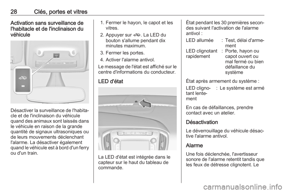 OPEL ZAFIRA C 2017.5 Manuel dutilisation (in French) 28Clés, portes et vitresActivation sans surveillance de
l'habitacle et de l'inclinaison du
véhicule
Désactiver la surveillance de l'habita‐ cle et de l'inclinaison du véhicule
qu OPEL ZAFIRA C 2017.5 Manuel dutilisation (in French) 28Clés, portes et vitresActivation sans surveillance de
l'habitacle et de l'inclinaison du
véhicule
Désactiver la surveillance de l'habita‐ cle et de l'inclinaison du véhicule
qu
